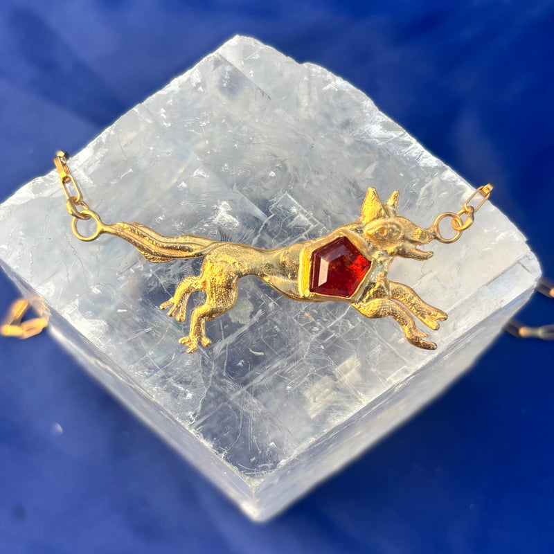 Wild Wolf Talisman Necklace // Orange Garnet + Box Chain