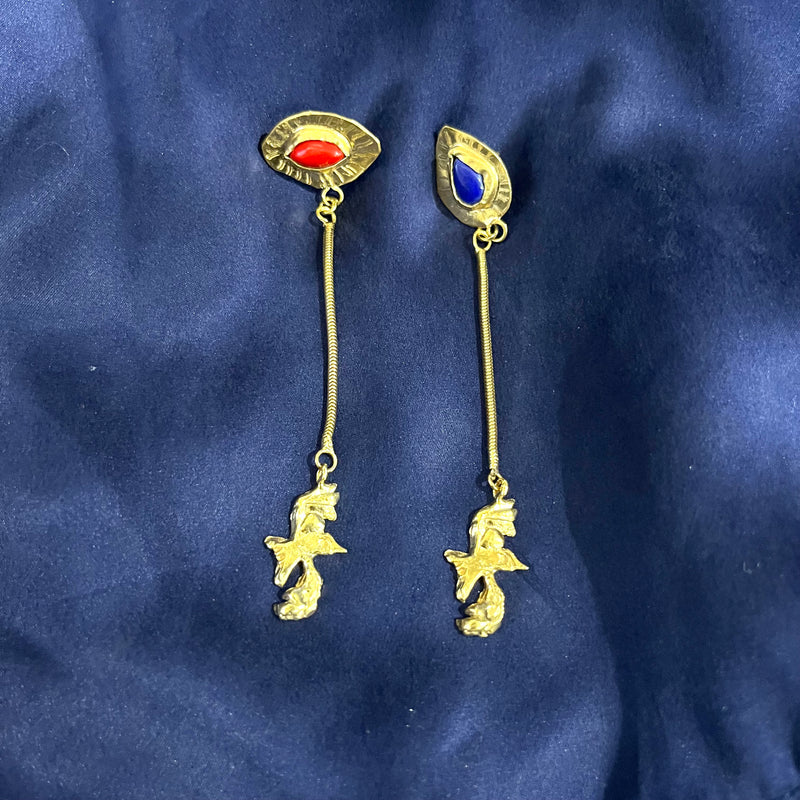 Lapis + Coral Birds Earrings # 19