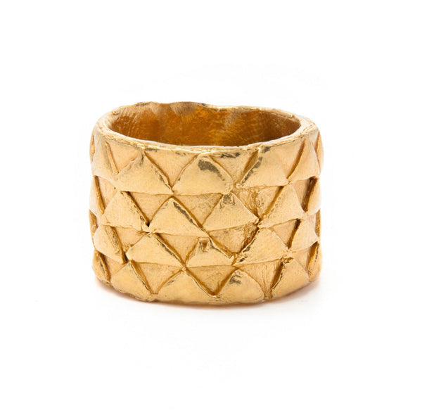 Loren Lewis Cole Large Golden Ring Gold Plated eco silver cigar bands with triangles perfectly imperfect ancient inspired talismanic story telling amulet triangles 
