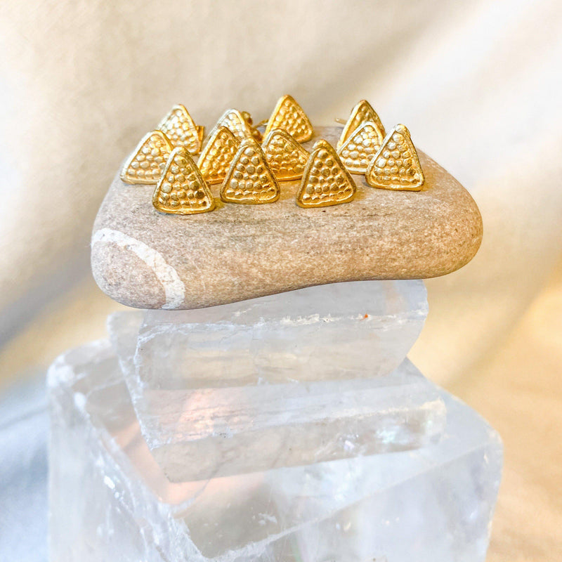 Loren Lewis Cole Triangles  Gold Plated eco silver  perfectly imperfect ancient inspired talismanic story telling amulet inspired triangles studs dots texture