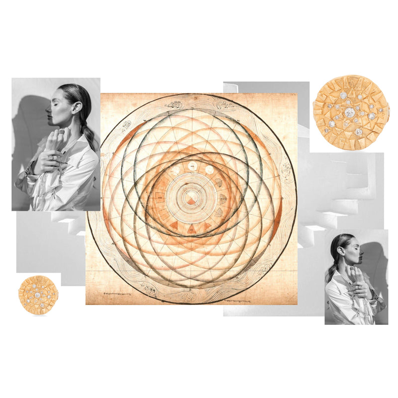 Loren Lewis Cole Jewellery Ancient Inspired Talismanic fairtrade gold rustic unrefined sensual magical storytelling medallion circular shield ring with triangles texture rustic