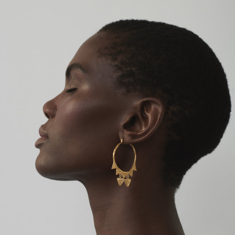 Loren Lewis Cole Jewellery large gold hoop earrings with gold triangles, bohemian style perfectly imperfect jewellery