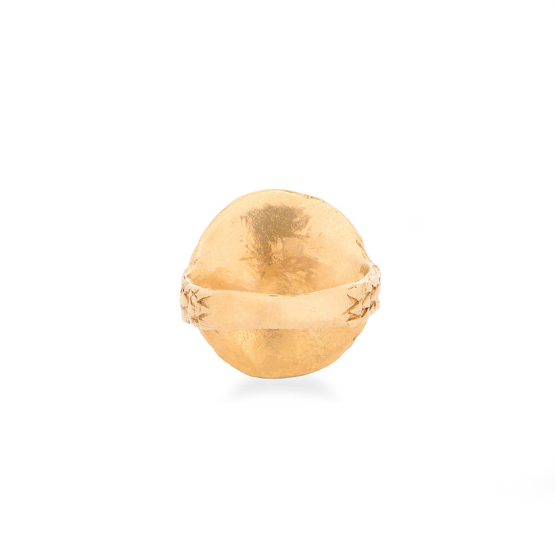 Loren Lewis Cole Jewellery Ancient Inspired Talismanic fairtrade gold rustic unrefined sensual magical storytelling medallion circular shield ring with triangles texture rustic