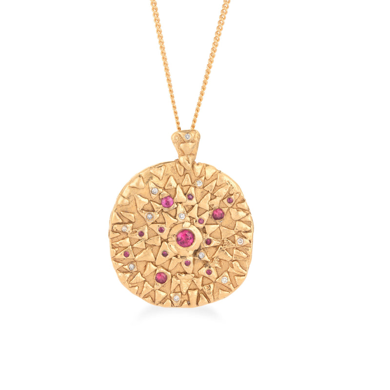 Loren Lewis Cole Jewellery Ancient Inspired Talismanic fairtrade gold rustic unrefined sensual magical storytelling medallion coin pendant with triangles  rubies grey diamonds texture rustic 