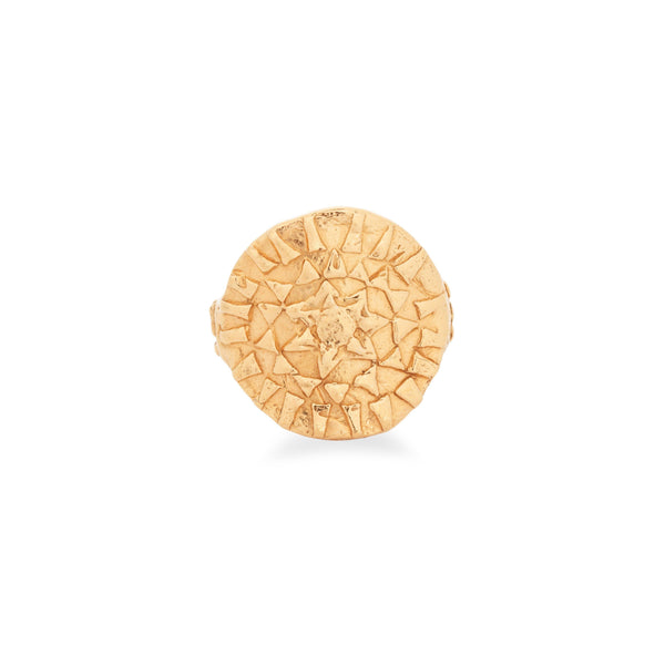Loren Lewis Cole Jewellery Ancient Inspired Talismanic fairtrade gold rustic unrefined sensual magical storytelling medallion circular shield ring with triangles texture rustic
