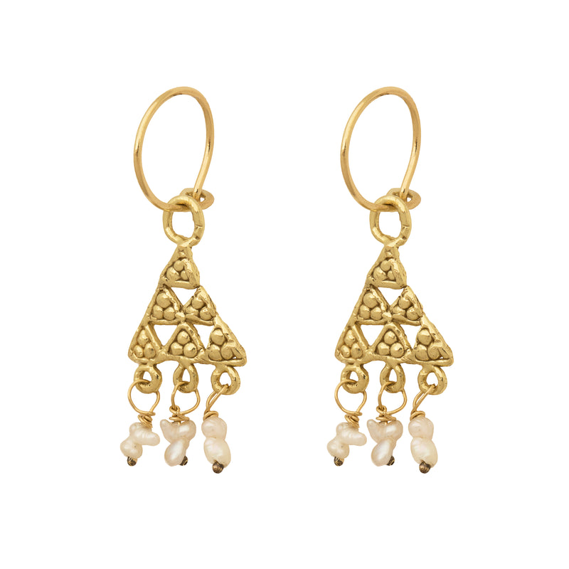 18 carat huggie tiny talisman earring with akoya keishi pearls triangles ancient inspired
