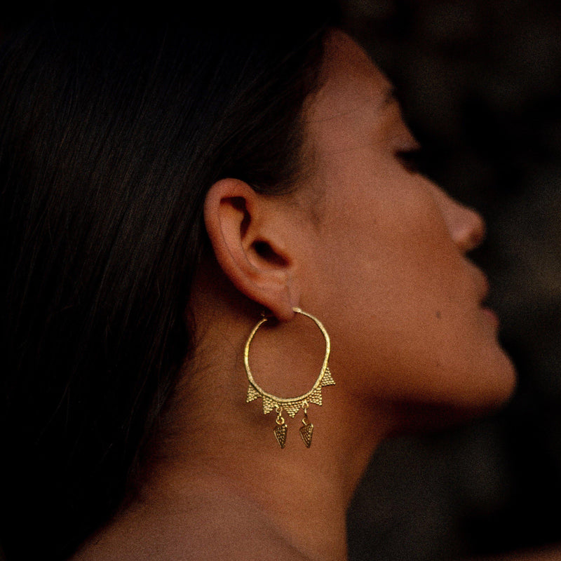 Loren Lewis Cole Jewellery large gold hoop earrings with gold triangles, bohemian style perfectly imperfect jewellery