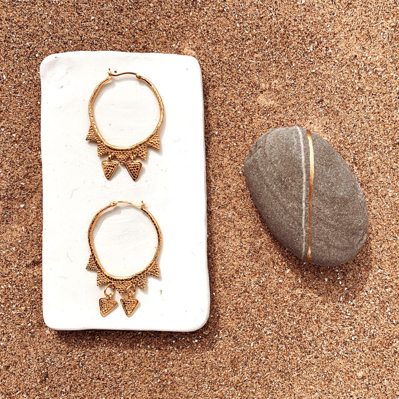 Loren Lewis Cole Jewellery large gold hoop earrings with gold triangles, bohemian style perfectly imperfect jewellery
