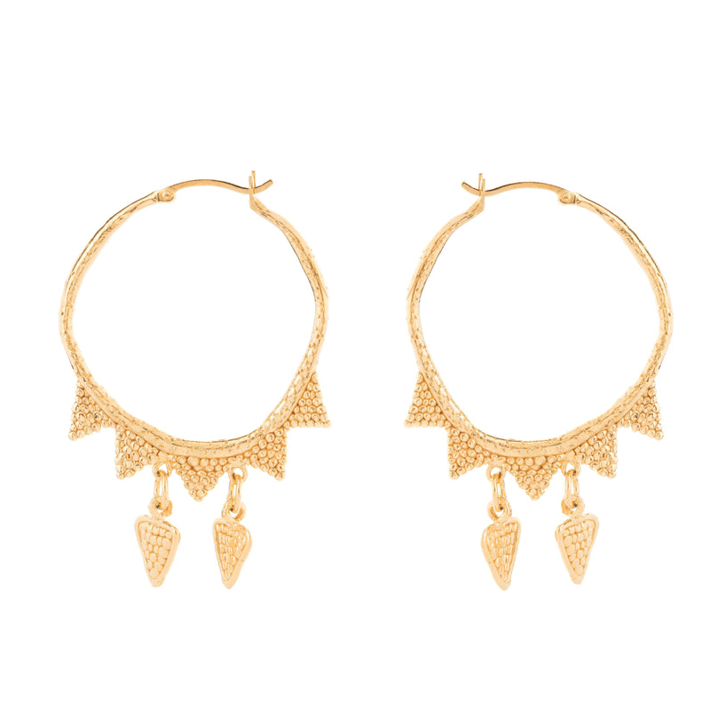 Loren Lewis Cole Jewellery large gold hoop earrings with gold triangles, bohemian style perfectly imperfect jewellery